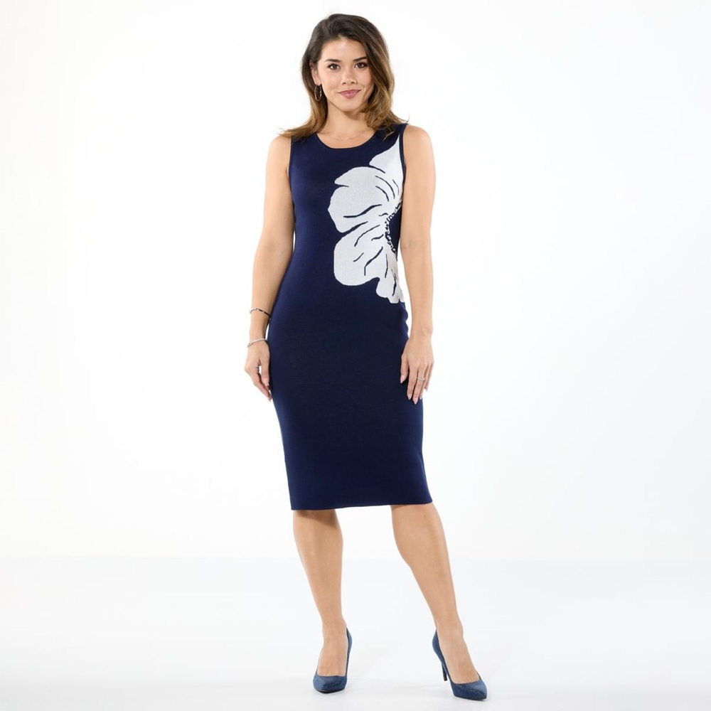 NWOT Nina Leonard Navy White Jacquard Sweater Dress